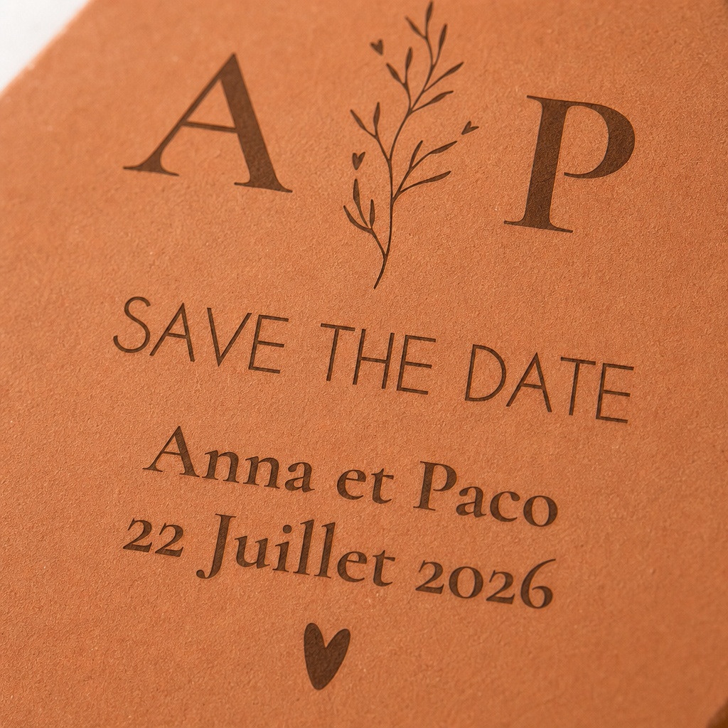 Mariage chic : tomette hexagonale personnalisée en terre cuite de Salernes gravée au laser, sur table épurée.