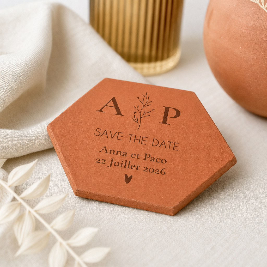 Mariage chic : tomette hexagonale personnalisée en terre cuite de Salernes gravée au laser, sur table épurée.