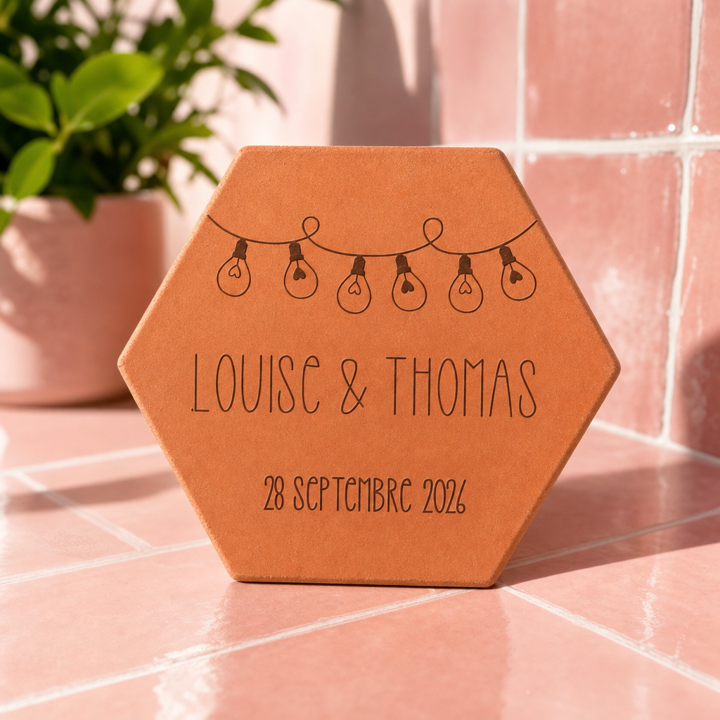 Cadeau mariage personnalisé : tomette hexagonale personnalisée, terre cuite de Salernes gravée au laser, ambiance moderne.