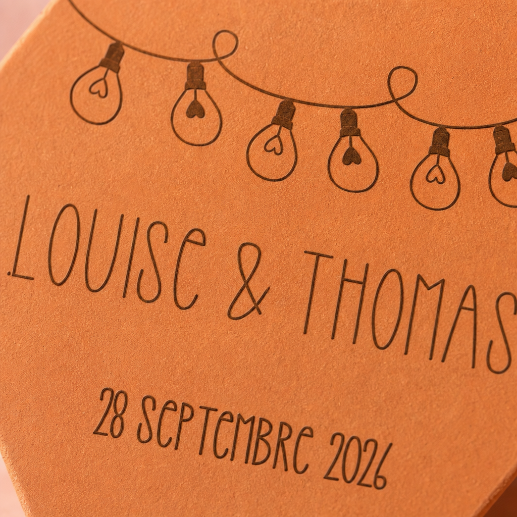 Cadeau mariage personnalisé : tomette hexagonale personnalisée, terre cuite de Salernes gravée au laser, ambiance moderne.