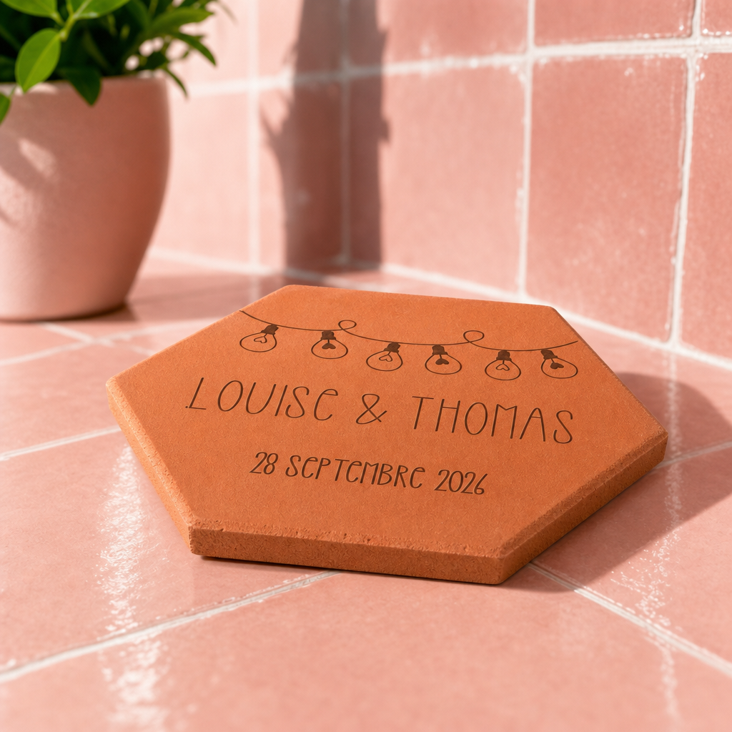 Cadeau mariage personnalisé : tomette hexagonale personnalisée, terre cuite de Salernes gravée au laser, ambiance moderne.