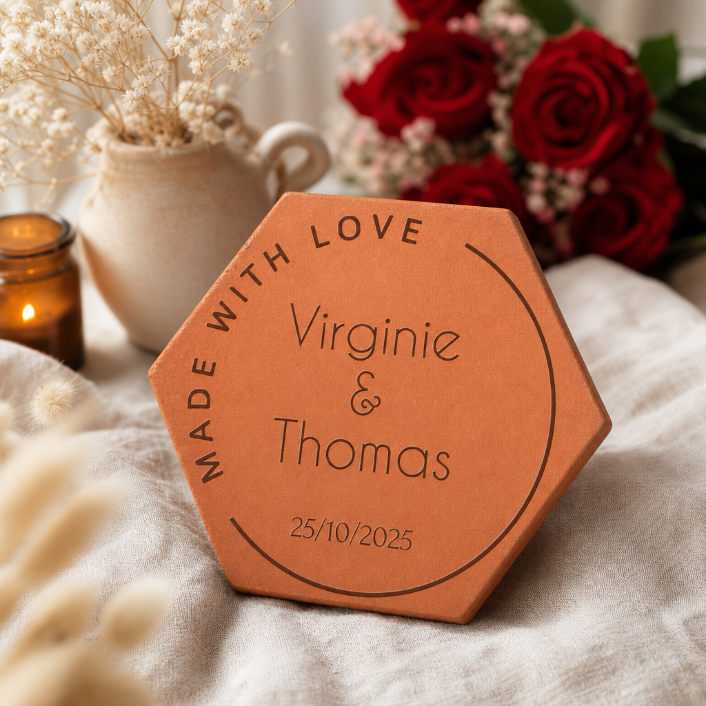 Photo romantique en chambre d’amoureux, tomette hexagonale personnalisée en terre cuite de Salernes gravée au laser pour mariage.