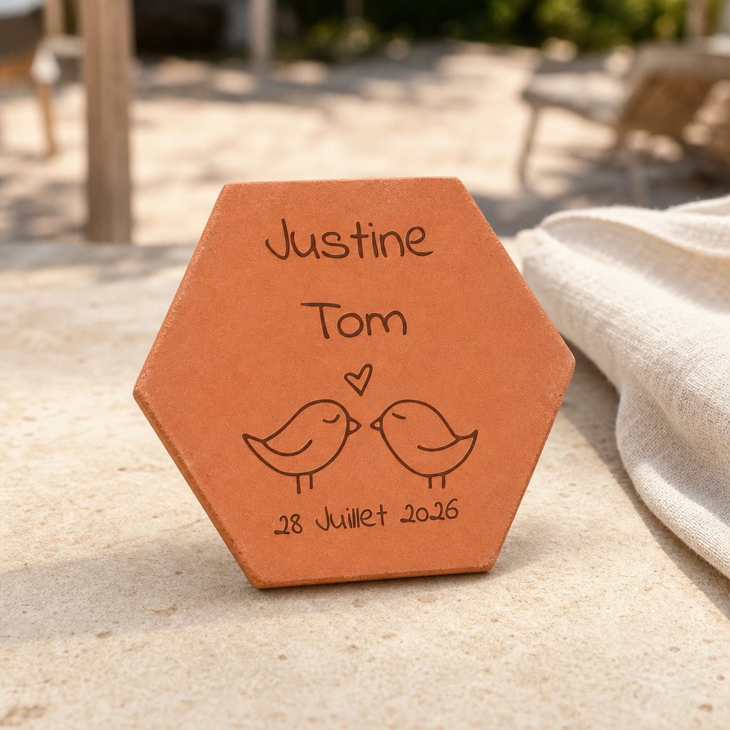 Mariage en extérieur : tomette hexagonale personnalisée en terre cuite de Salernes gravée au laser.