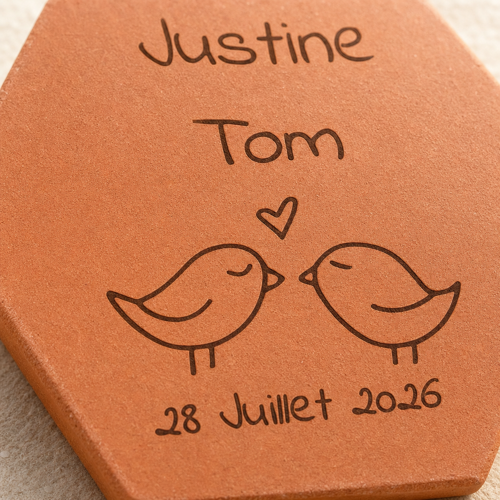 Mariage en extérieur : tomette hexagonale personnalisée en terre cuite de Salernes gravée au laser.