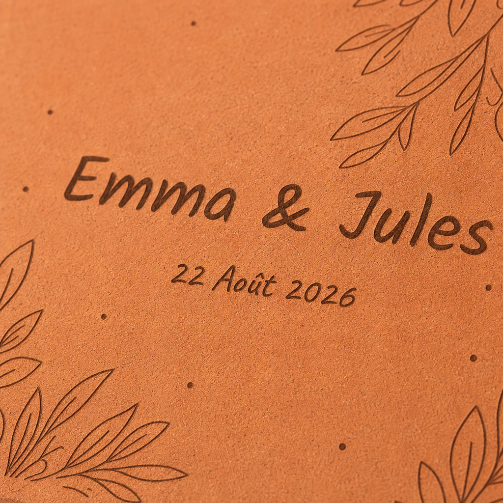 Photo mariage : tomette hexagonale personnalisée, terre cuite de Salernes gravée au laser, ambiance douce sur lin.