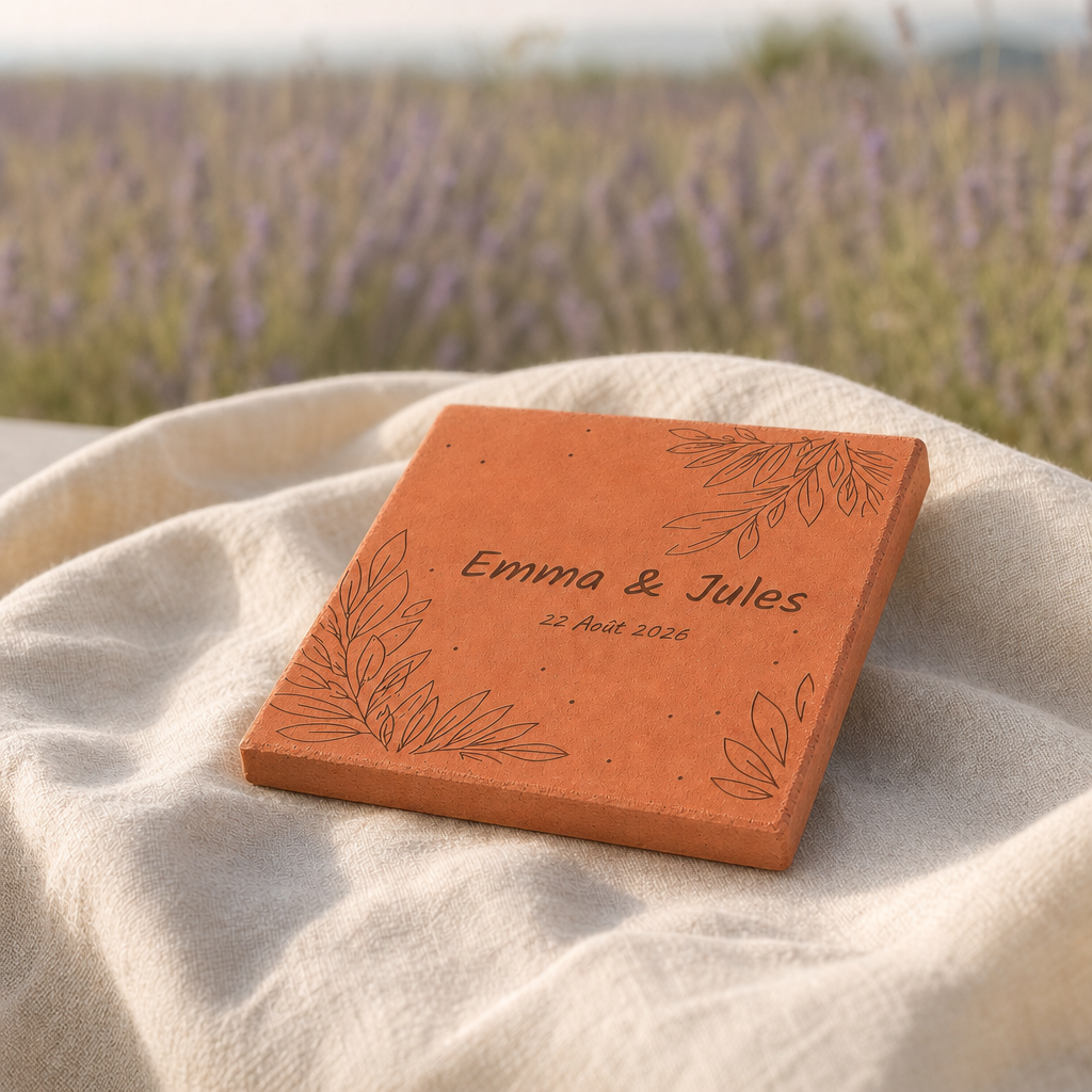 Photo mariage : tomette hexagonale personnalisée, terre cuite de Salernes gravée au laser, ambiance douce sur lin.