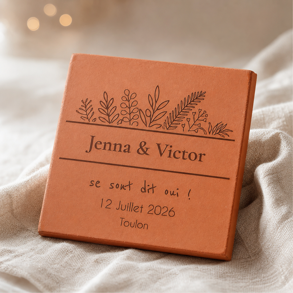 Mariage en décor épuré, tomette hexagonale personnalisée en terre cuite de Salernes gravée au laser