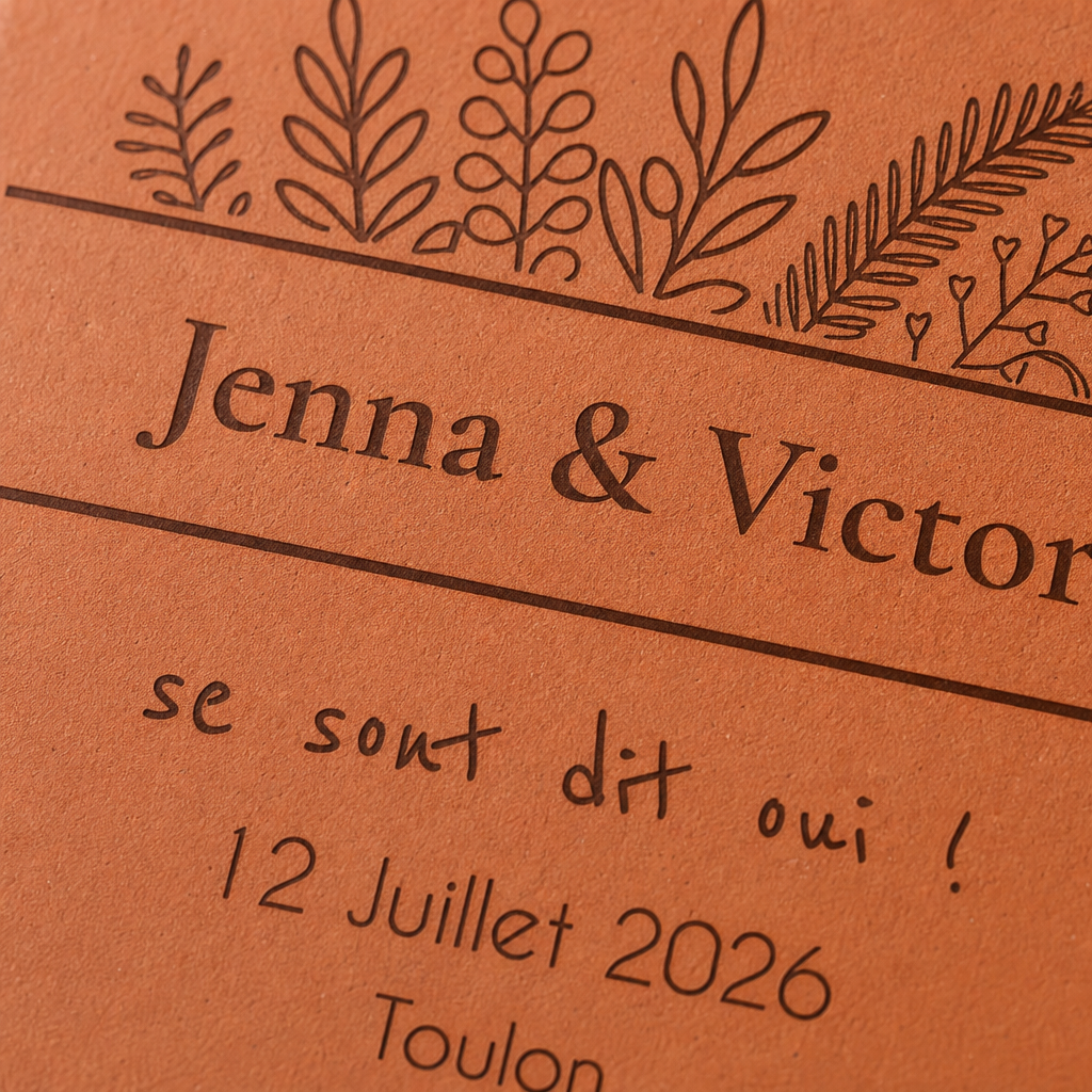 Mariage en décor épuré, tomette hexagonale personnalisée en terre cuite de Salernes gravée au laser