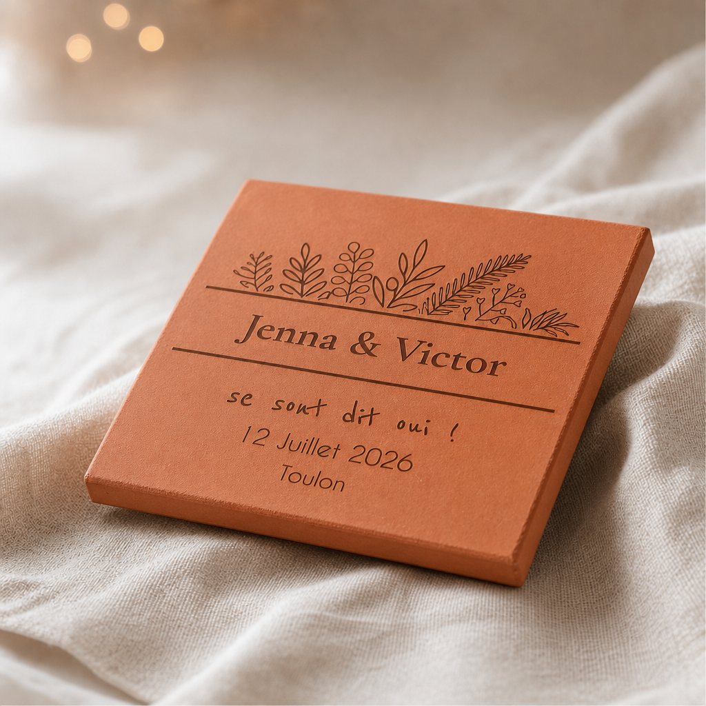 Mariage en décor épuré, tomette hexagonale personnalisée en terre cuite de Salernes gravée au laser