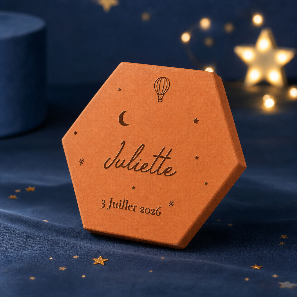 Cadeau de naissance, tomette hexagonale personnalisée en terre cuite de Salernes gravée au laser, ambiance nuit étoilée bébé.