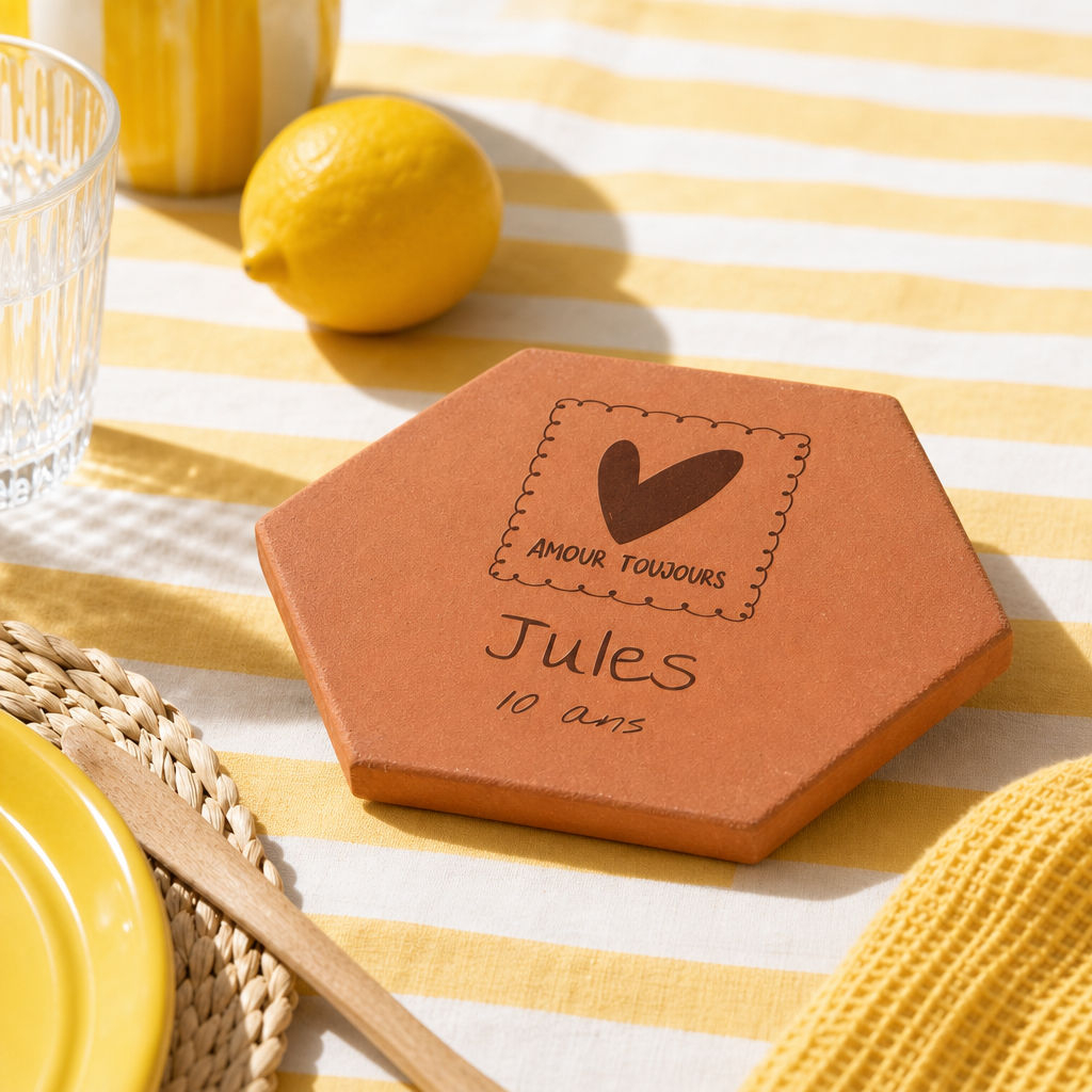 Cadeau de naissance : tomette hexagonale personnalisée en terre cuite de Salernes gravée au laser sur table d'été jaune.