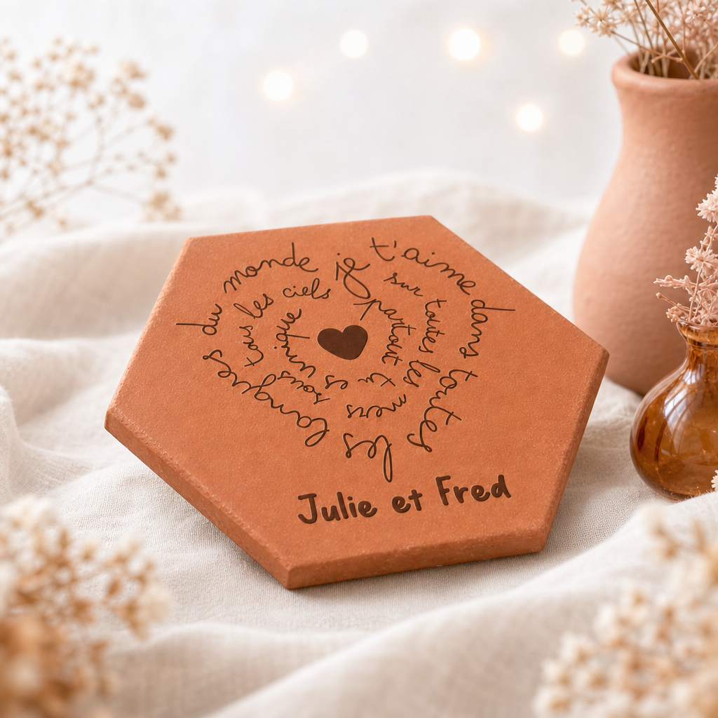 Mariage: tomette hexagonale personnalisée, terre cuite de Salernes gravée au laser, offerte à la main