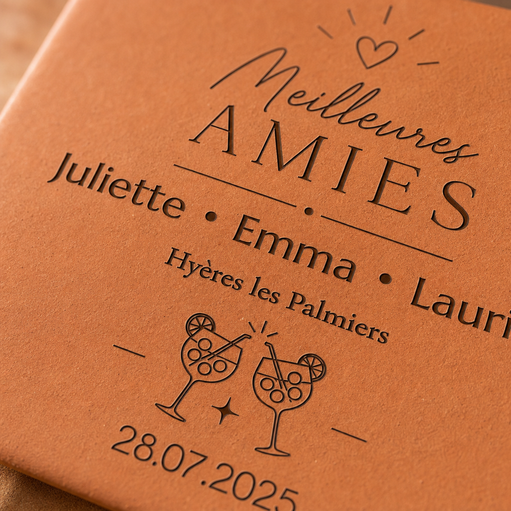 Cadeau amitié entre amies : tomette hexagonale personnalisée, terre cuite de Salernes gravée au laser, tenue en terrasse.