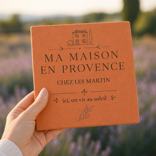 Cadeau crémaillère : tomette hexagonale personnalisée, terre cuite de Salernes gravée au laser, tenue en main devant la lavande.