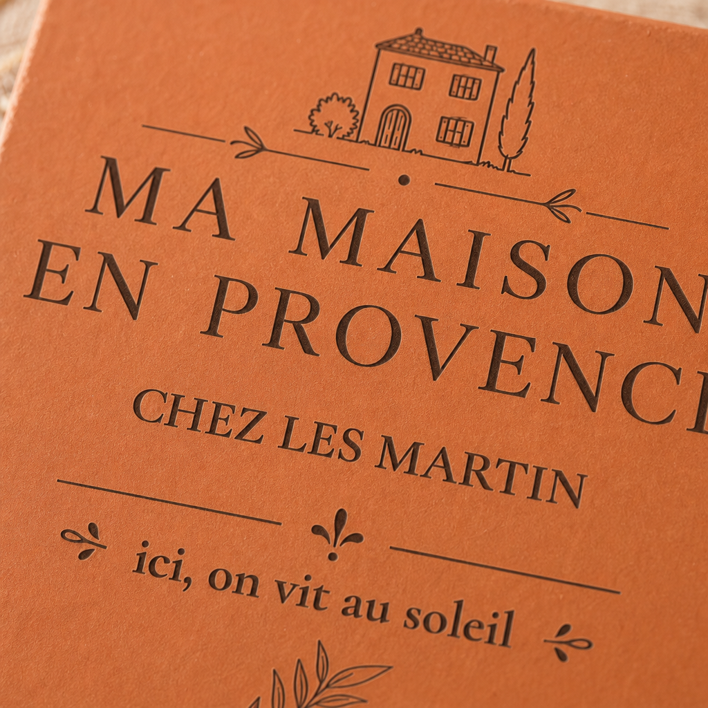 Cadeau crémaillère : tomette hexagonale personnalisée, terre cuite de Salernes gravée au laser, tenue en main devant la lavande.