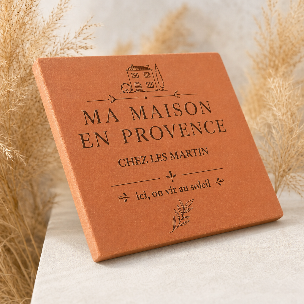 Cadeau crémaillère : tomette hexagonale personnalisée, terre cuite de Salernes gravée au laser, tenue en main devant la lavande.