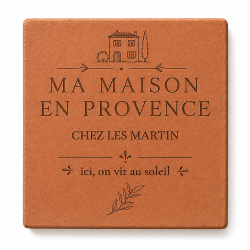 Cadeau crémaillère : tomette hexagonale personnalisée, terre cuite de Salernes gravée au laser, tenue en main devant la lavande.