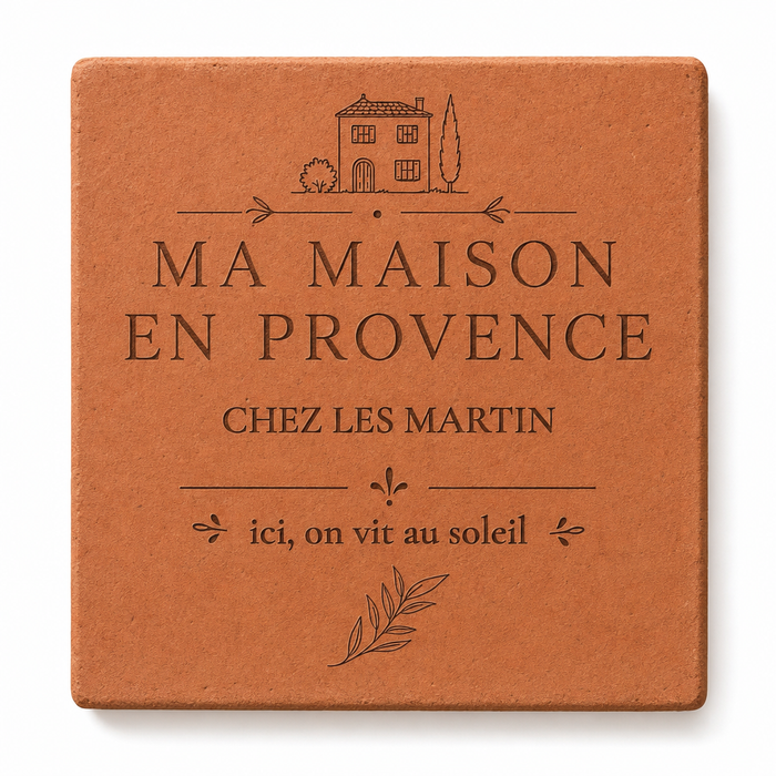 Cadeau crémaillère : tomette hexagonale personnalisée, terre cuite de Salernes gravée au laser, tenue en main devant la lavande.