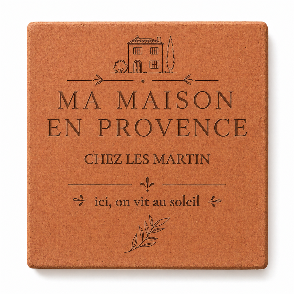 Cadeau crémaillère : tomette hexagonale personnalisée, terre cuite de Salernes gravée au laser, tenue en main devant la lavande.