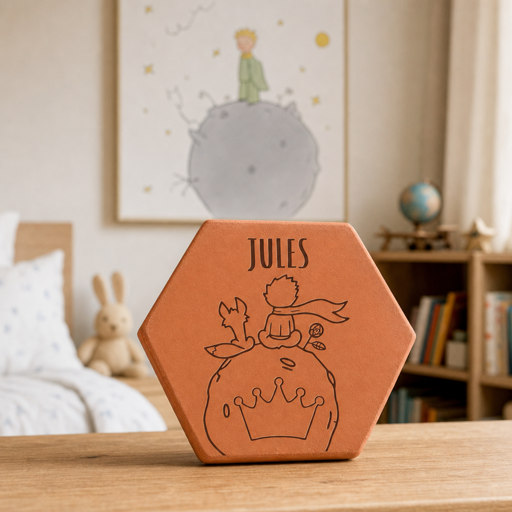 Cadeau famille pour enfant : tomette hexagonale personnalisée, terre cuite de Salernes gravée au laser.