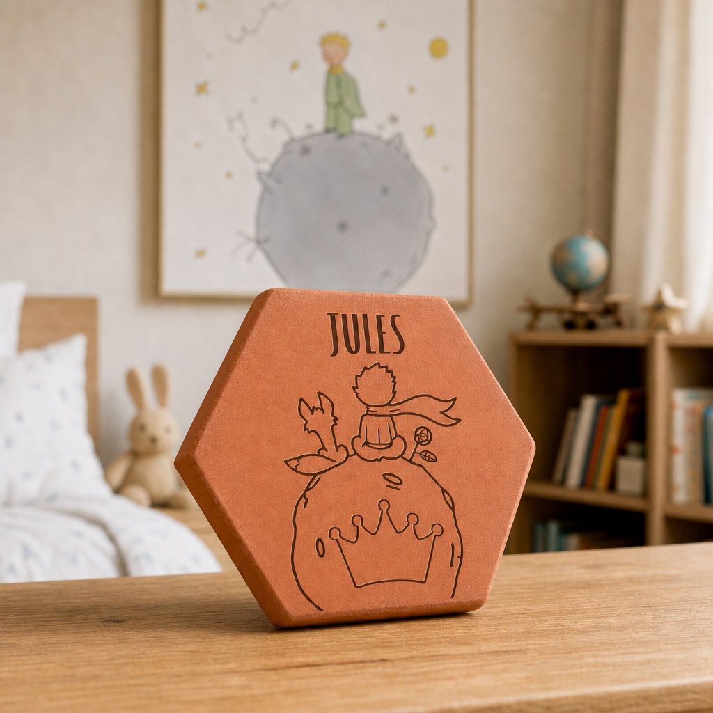 Cadeau famille pour enfant : tomette hexagonale personnalisée, terre cuite de Salernes gravée au laser.
