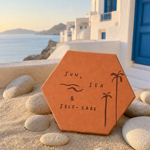 Cadeau bord de mer : tomette hexagonale personnalisée en terre cuite de Salernes gravée au laser, photo de vacances.