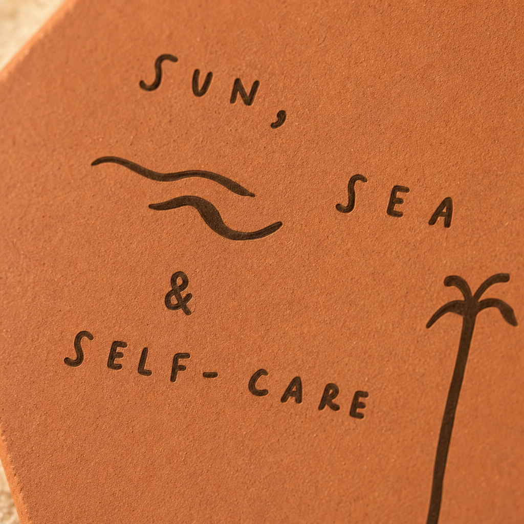Cadeau bord de mer : tomette hexagonale personnalisée en terre cuite de Salernes gravée au laser, photo de vacances.
