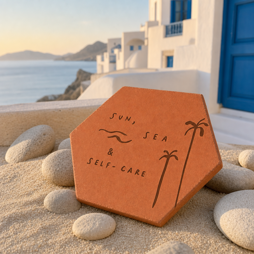 Cadeau bord de mer : tomette hexagonale personnalisée en terre cuite de Salernes gravée au laser, photo de vacances.