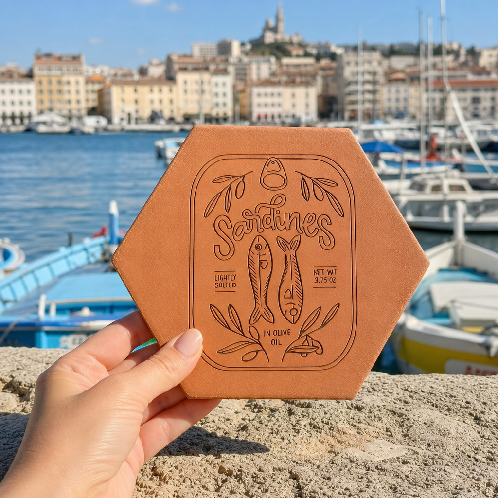 Cadeau souvenir de Provence : tomette hexagonale personnalisée en terre cuite de Salernes gravée au laser, port en fond.