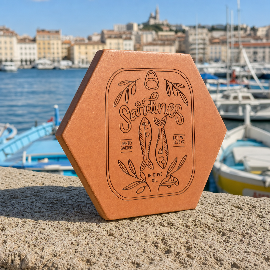 Cadeau souvenir de Provence : tomette hexagonale personnalisée en terre cuite de Salernes gravée au laser, port en fond.