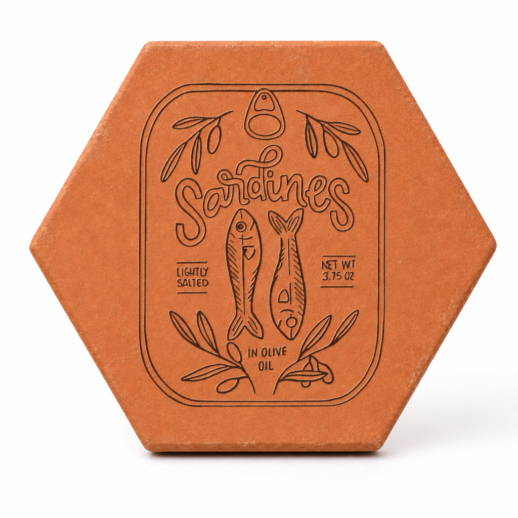 Cadeau souvenir de Provence : tomette hexagonale personnalisée en terre cuite de Salernes gravée au laser, port en fond.
