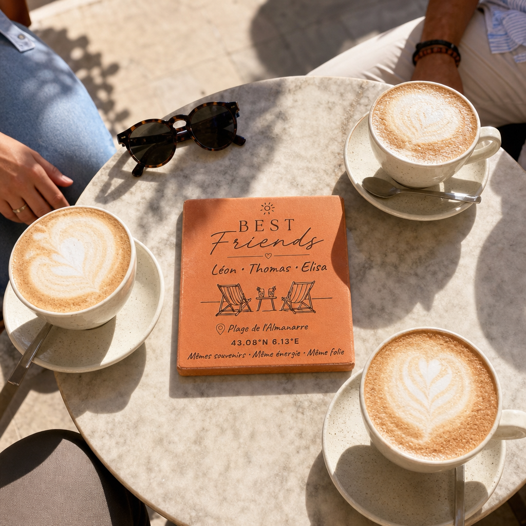 Cadeau amitié sur une terrasse de café : tomette hexagonale personnalisée en terre cuite de Salernes gravée au laser.