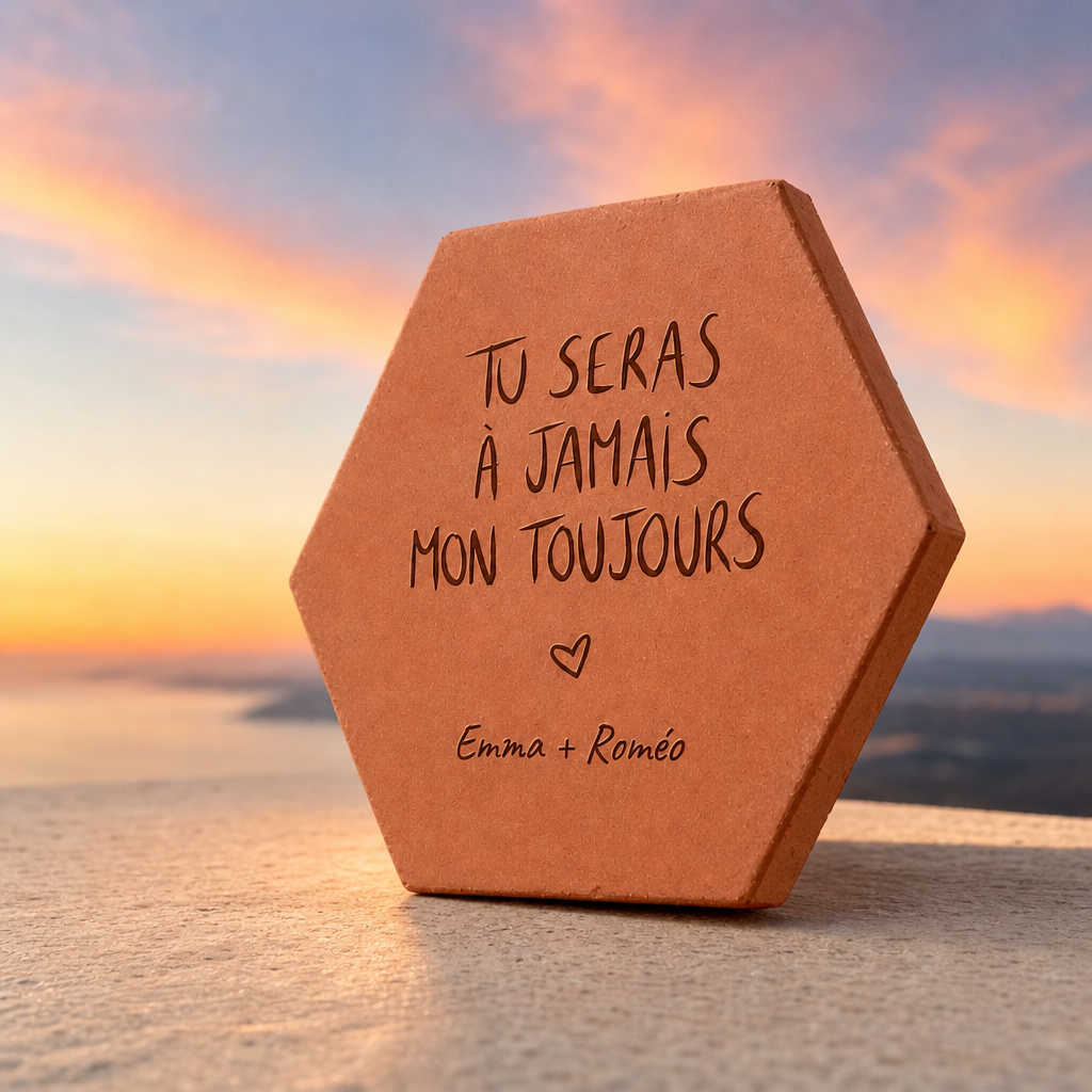Saint-Valentin, tomette hexagonale personnalisée en terre cuite de Salernes gravée au laser, tenue dans une main féminine.