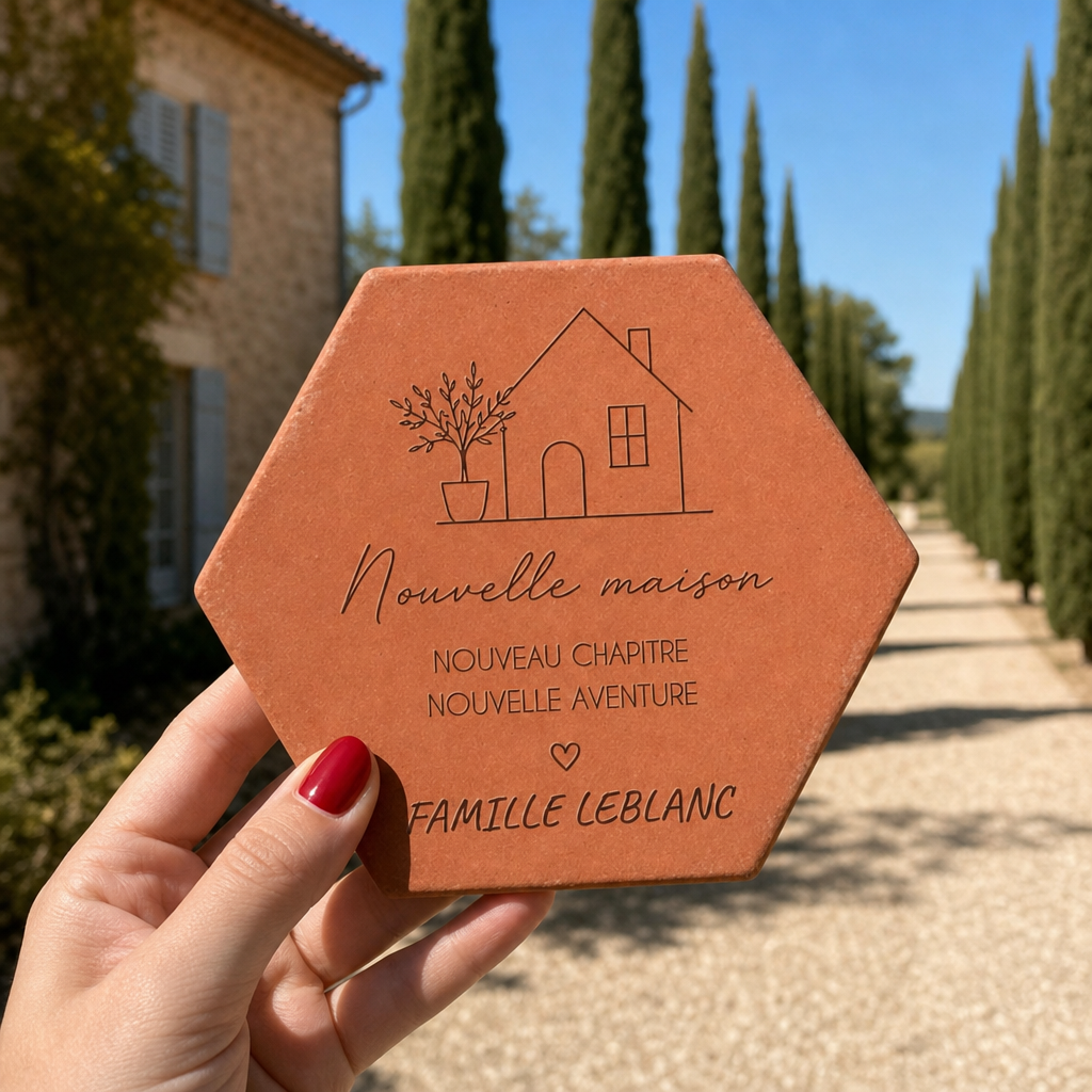 Cadeau crémaillère : tomette hexagonale personnalisée en terre cuite de Salernes gravée au laser.