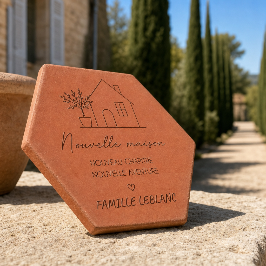 Cadeau crémaillère : tomette hexagonale personnalisée en terre cuite de Salernes gravée au laser.