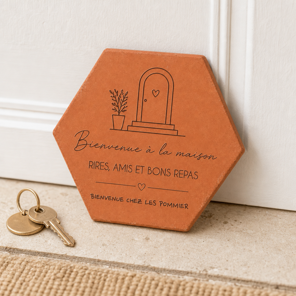 Cadeau de crémaillère : tomette hexagonale personnalisée en terre cuite de Salernes gravée au laser dans une entrée sobre.