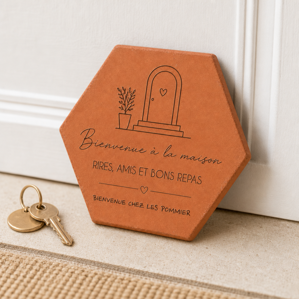 Cadeau de crémaillère : tomette hexagonale personnalisée en terre cuite de Salernes gravée au laser dans une entrée sobre.
