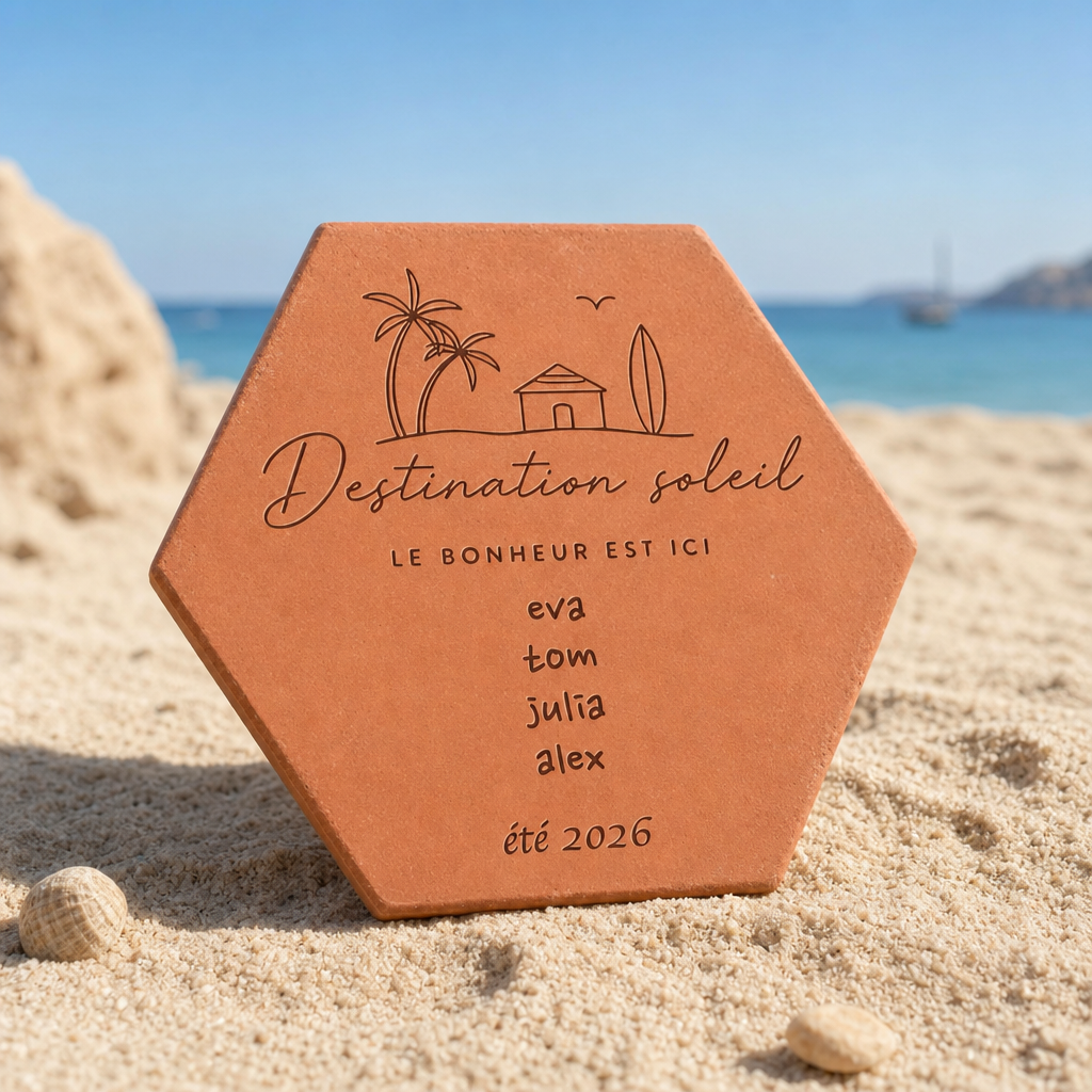 Souvenir de vacances avec tomette hexagonale personnalisée, terre cuite de Salernes gravée au laser.