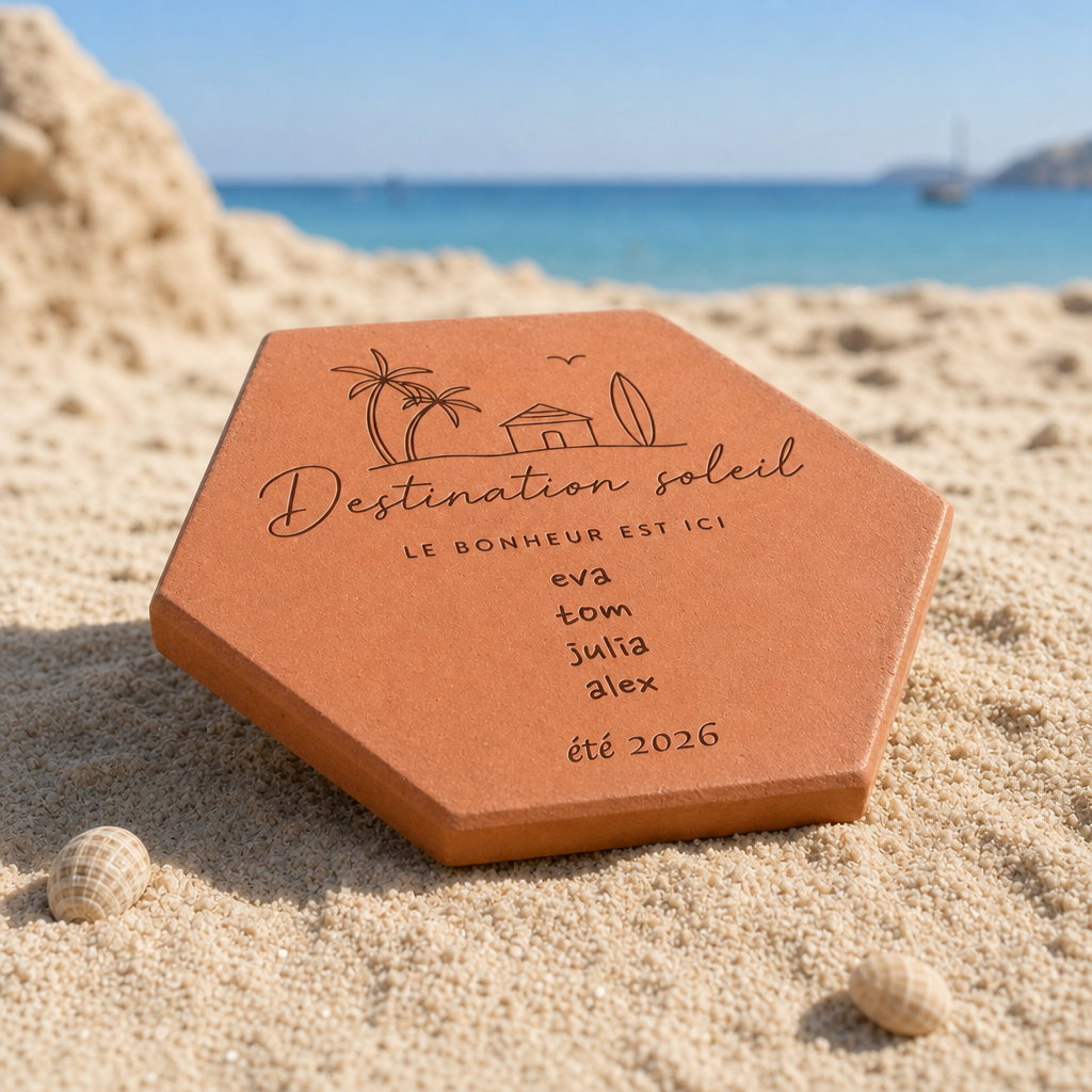 Souvenir de vacances avec tomette hexagonale personnalisée, terre cuite de Salernes gravée au laser.