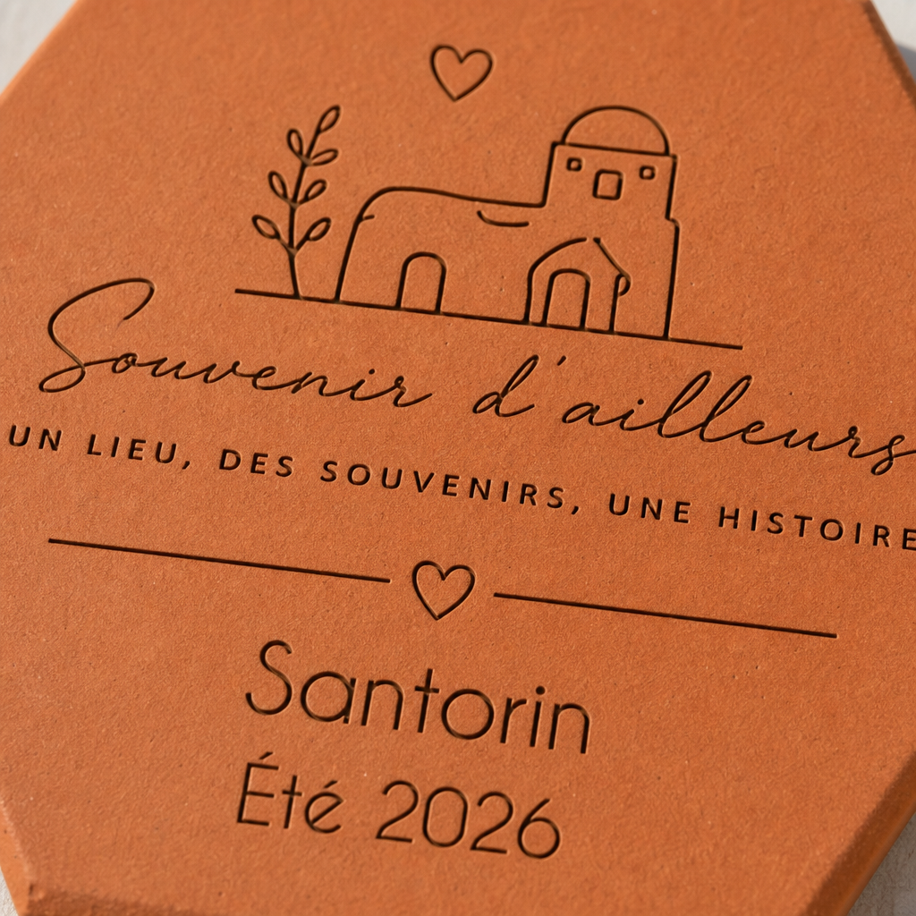 Souvenir de retour de voyage, tomette hexagonale personnalisée en terre cuite de Salernes gravée au laser.