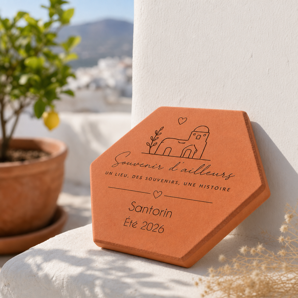 Souvenir de retour de voyage, tomette hexagonale personnalisée en terre cuite de Salernes gravée au laser.