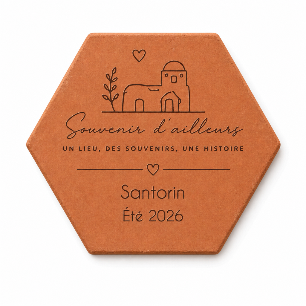 Souvenir de retour de voyage, tomette hexagonale personnalisée en terre cuite de Salernes gravée au laser.