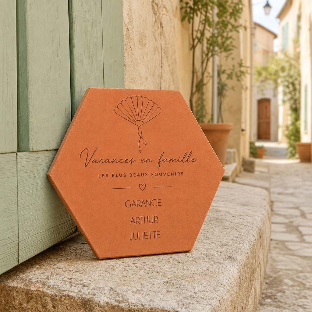 Vacances en famille : tomette hexagonale personnalisée en terre cuite de Salernes gravée au laser.