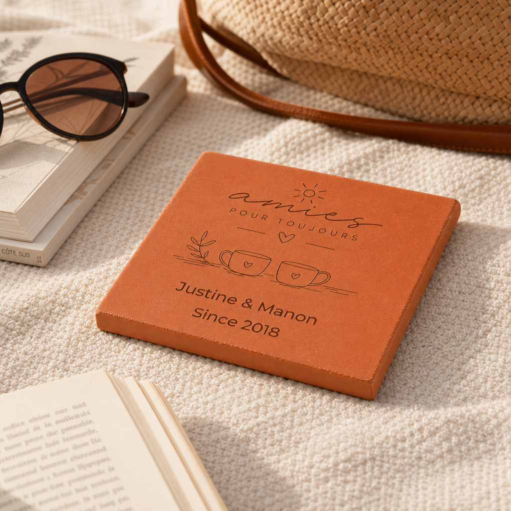 Cadeau meilleure amie sur serviette de plage, tomette hexagonale personnalisée, terre cuite de Salernes gravée au laser