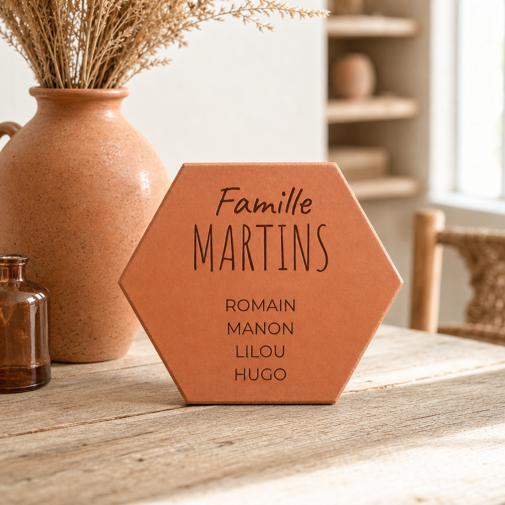 Idée cadeau famille : tomette hexagonale personnalisée, terre cuite de Salernes gravée au laser.