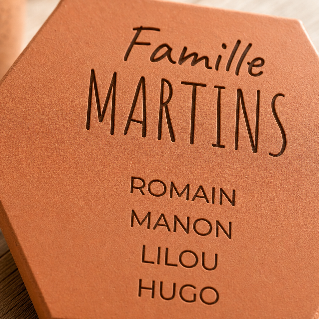 Idée cadeau famille : tomette hexagonale personnalisée, terre cuite de Salernes gravée au laser.