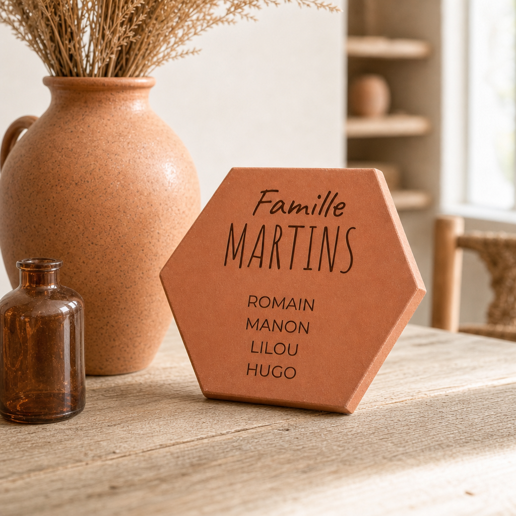Idée cadeau famille : tomette hexagonale personnalisée, terre cuite de Salernes gravée au laser.