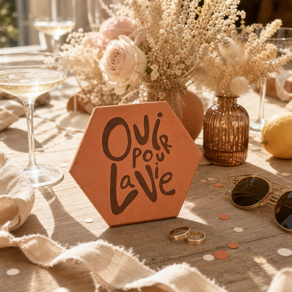 Cadeau de mariage sur table, tomette hexagonale personnalisée en terre cuite de Salernes gravée au laser.
