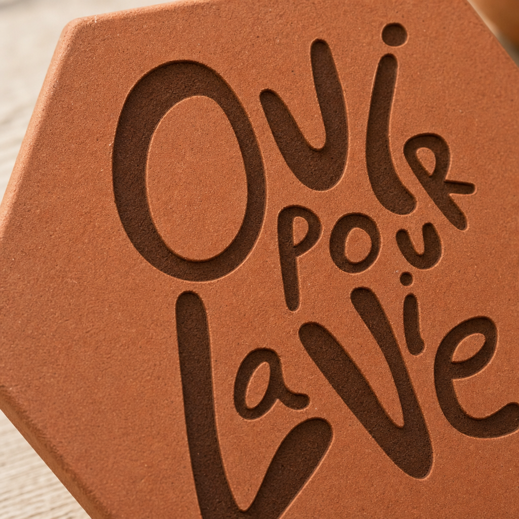 Cadeau de mariage sur table, tomette hexagonale personnalisée en terre cuite de Salernes gravée au laser.