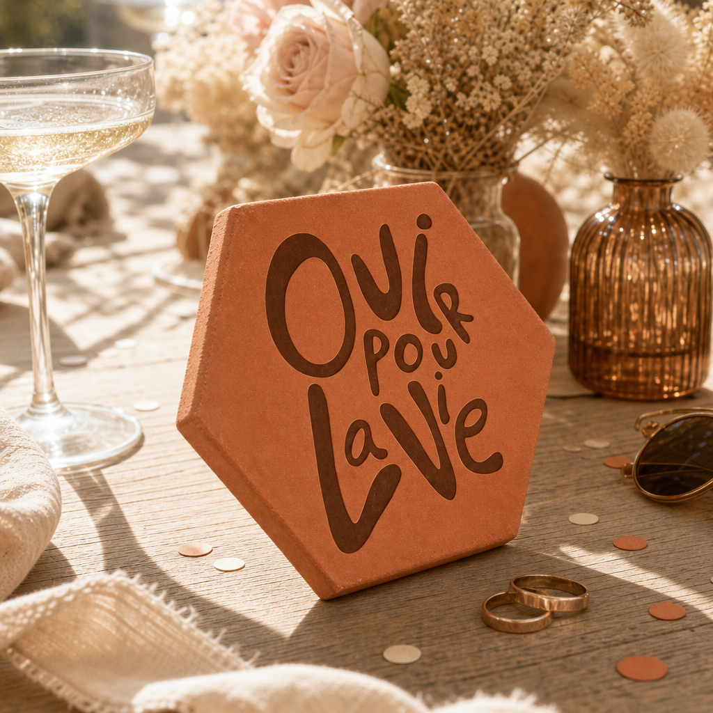 Cadeau de mariage sur table, tomette hexagonale personnalisée en terre cuite de Salernes gravée au laser.